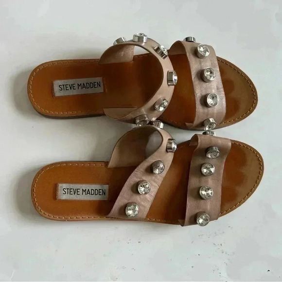 Steve Madden Jessy Rhinestones double strap slip on Leather Tan Sandals… - Picture 6 of 9